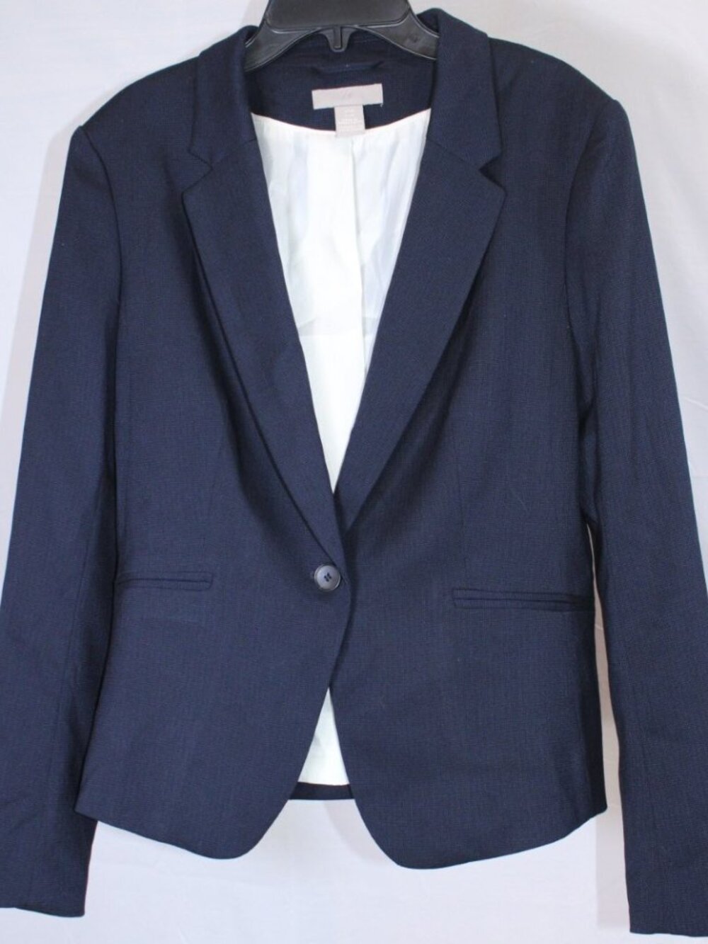 H&M Blazer Womens Size Medium Navy Blue Lined Micro Herringbone 1 Button